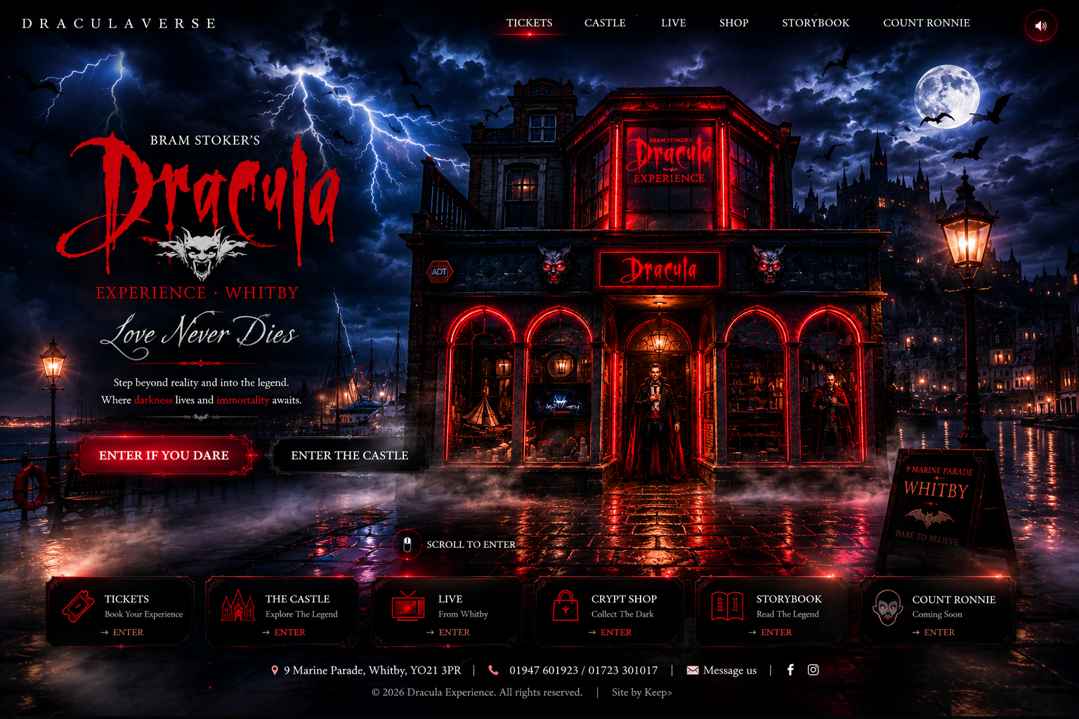 Draculaverse homepage featuring Dracula Experience Whitby frontage